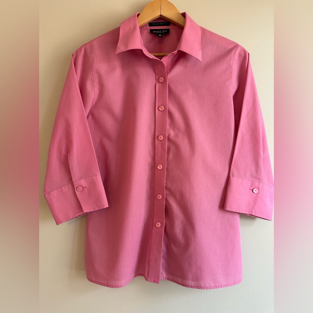 Foxcroft, Button-Up Blouse, Wrinkle-Free, Shaped-Fit, Women’s Size 12P, Pink